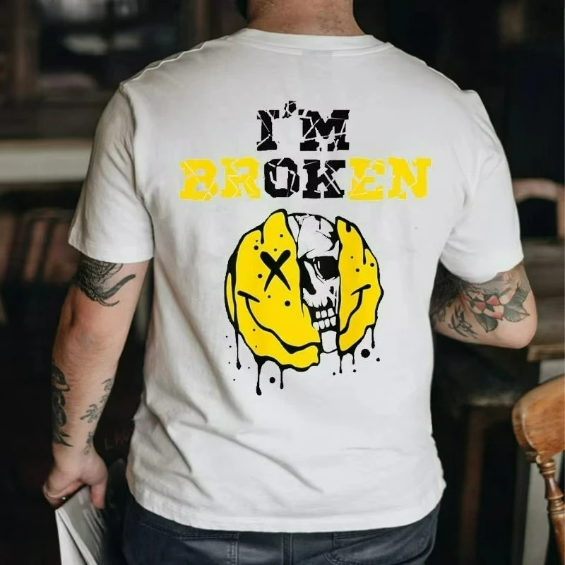 

High Quality Vintage Im Broken Skull 2 Sides Invisible Disease I'm OK Broken Men's Alphabet Printed Cotton Unisex T-Shirt