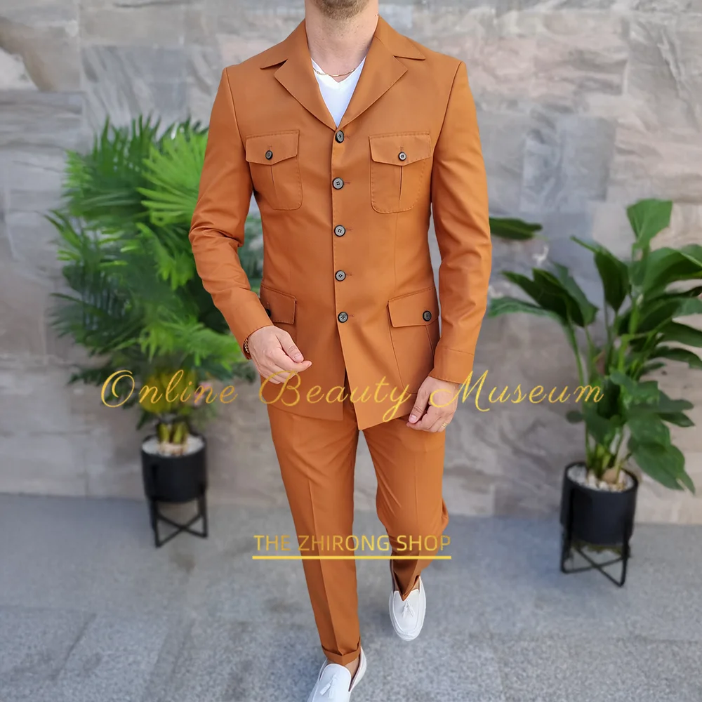 

Men's Formal tunic suit 2-piece Orange Jacket Pants Tailored Set for Daily Office Wedding Prom Birthday Party Father's Gifts