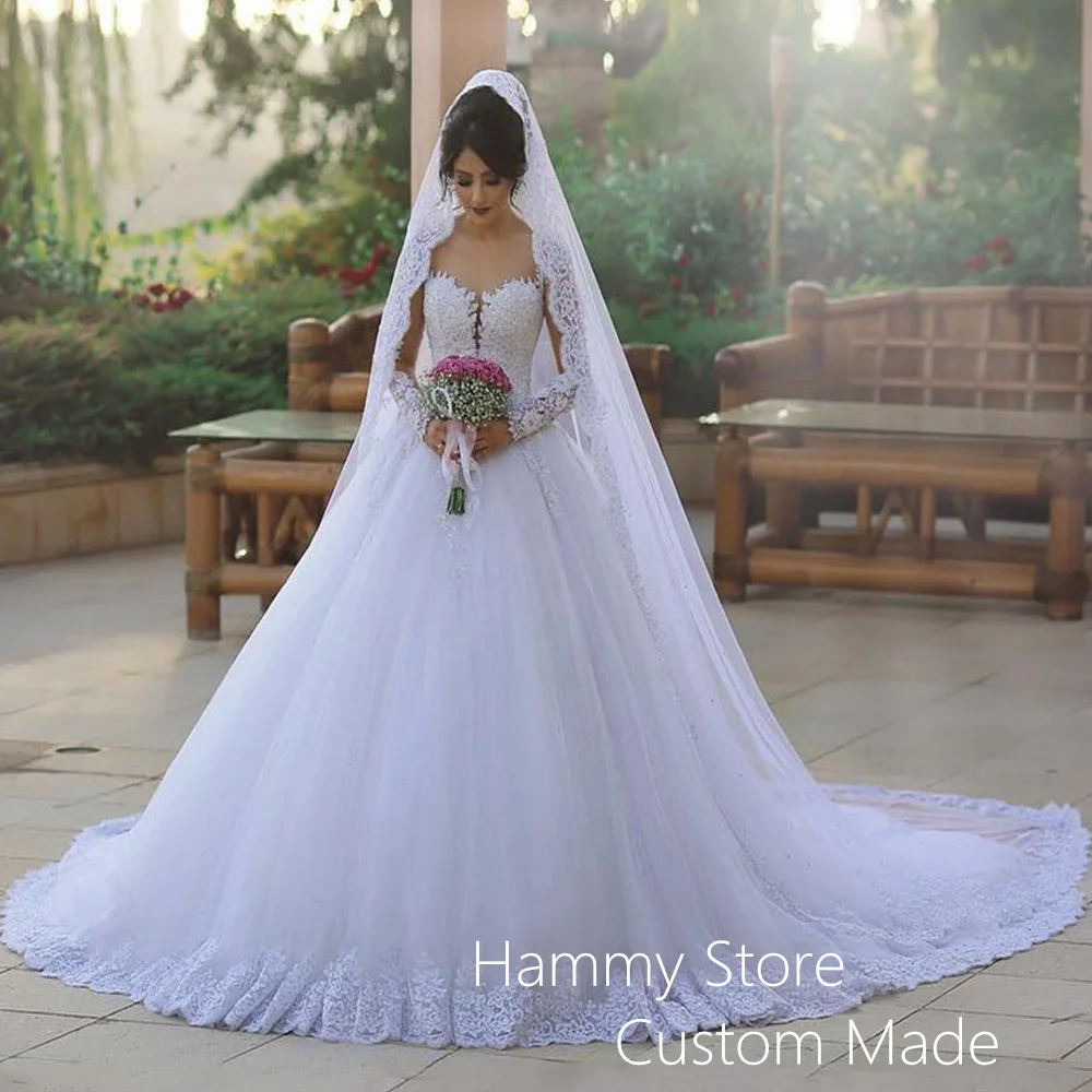 Wunderschöne arabische Hochzeits kleid Langarm U-Ausschnitt Perlen Pailletten Applique Sweep Zug Vestidos de Novia Brautkleider
