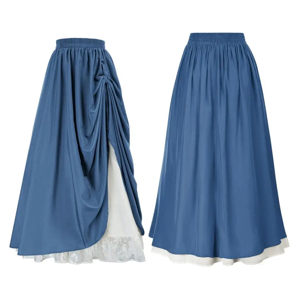 Women Lace Stitching Side Pleated Maxi Skirt Solid Color Double Layer Long Skirt Elastic High Waist Retro A-Line Backless Skirt