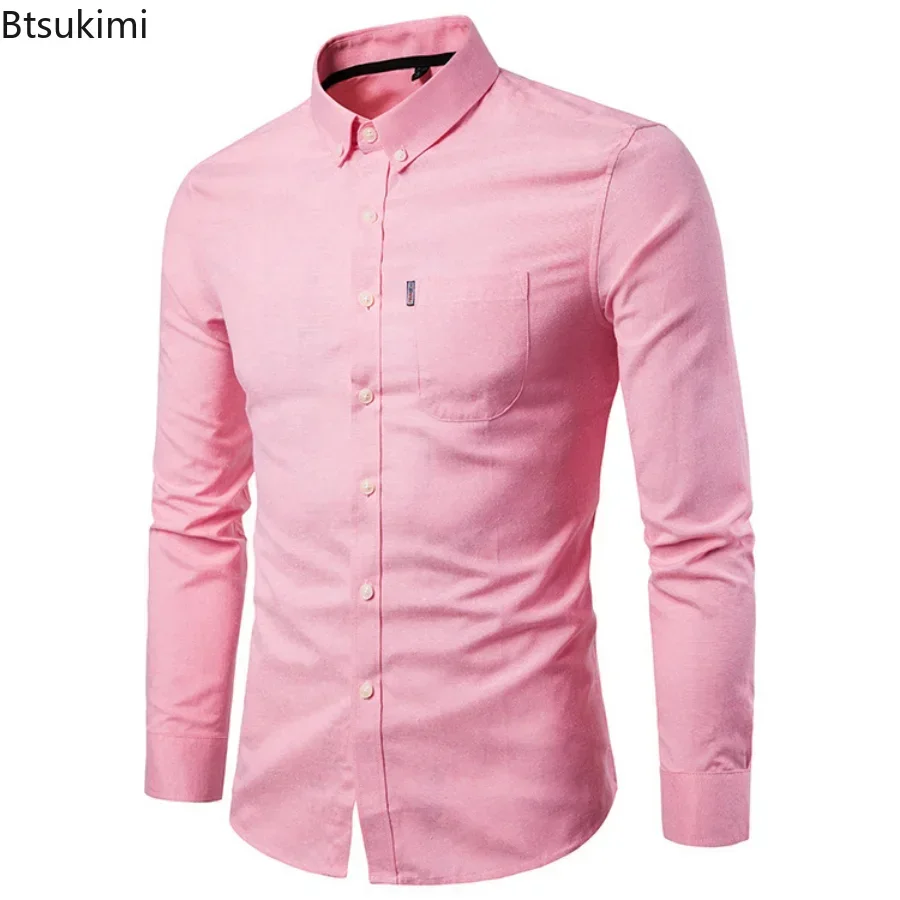 2025 Oxford Cotton Shirt Men Solid Casual Slim Fit Stand Collar Mens Formal Dress Shirts Long Sleeve Party Shirts Male Camisetas