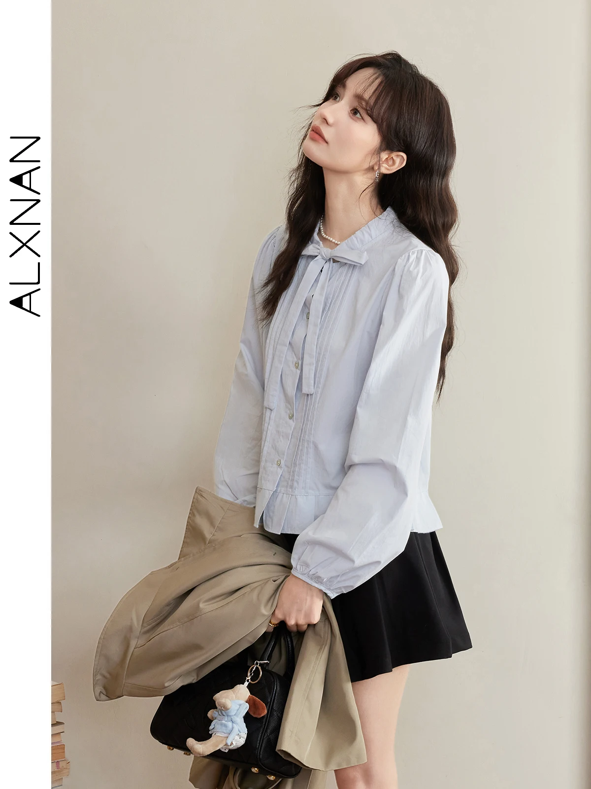 ALXNAN Women's Plus Size V-neck Shirts Gentle Lace-up Bow Long Sleeve Ruffled Hem 2024 Fall Winter 100% Cotton Casual Top D07205