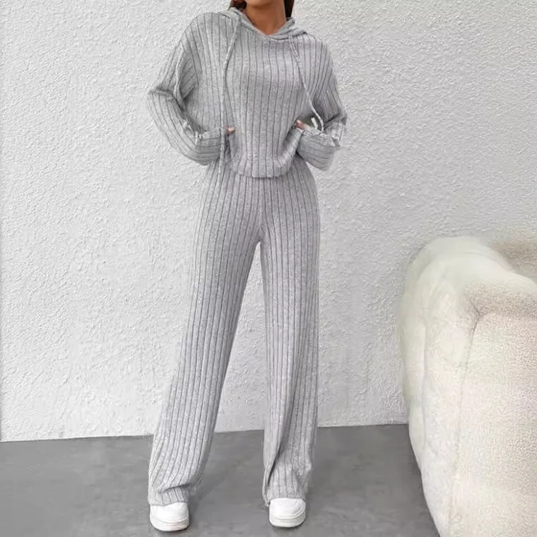 Women's Long-Sleeve Hooded 2Pcs Set Featuring A Drawstring Sweatshirt And Elastic Pant Fit Winter Sports Wear Jogging Loungewear