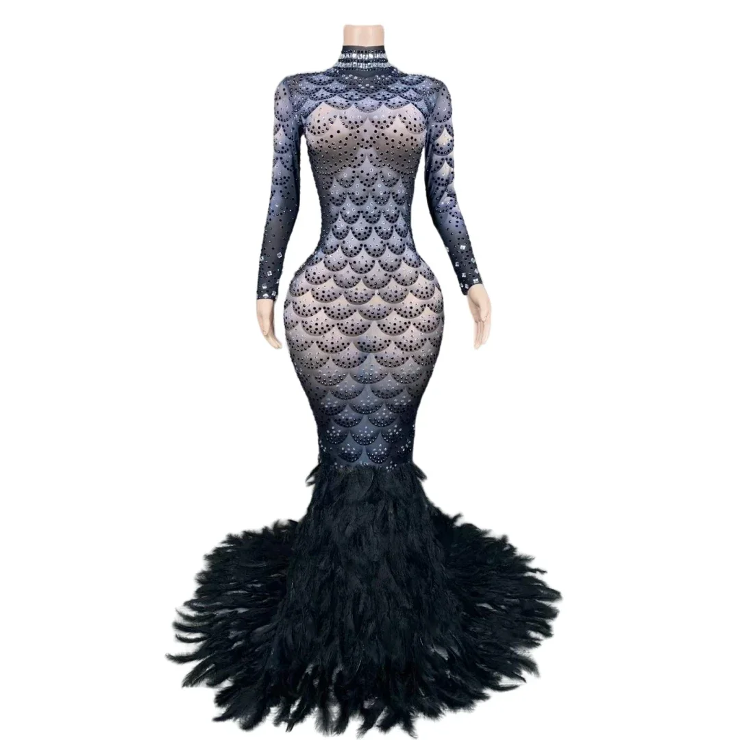 

Black Feather Bling Bling Rhinestone Birthday Queen Dress For Women Long Sleeve Fishscale Pattern Fashion Drag Queen Outfit