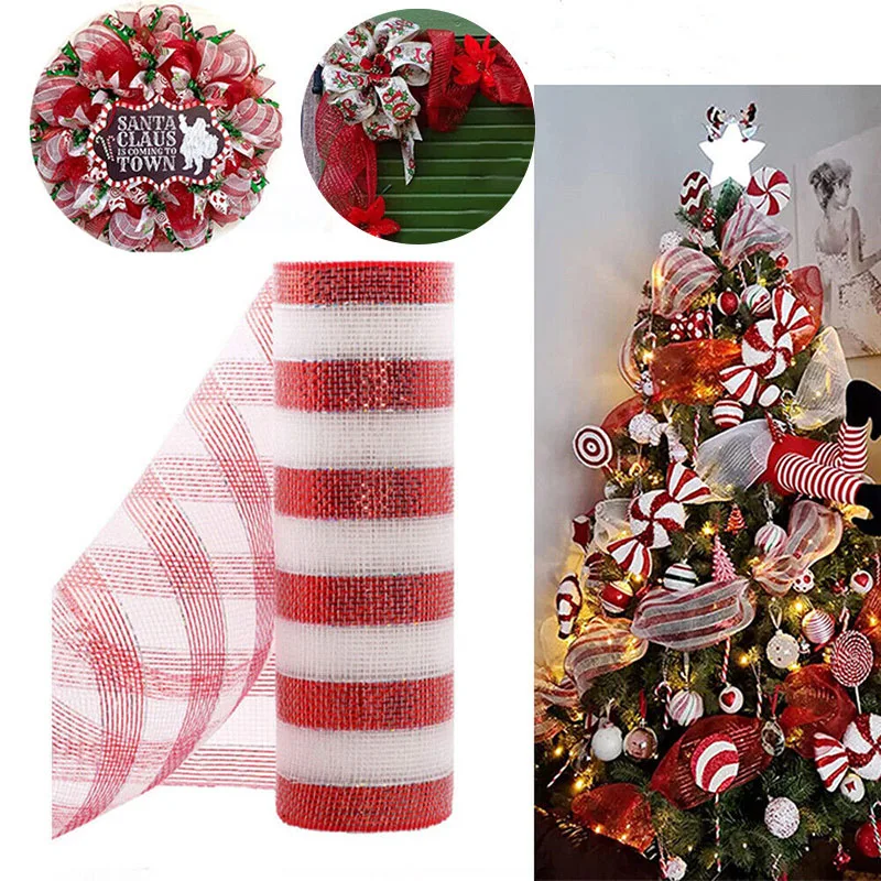 Xmas Ornament 26cmx10 Yard DIY Red White Candy Cane Decoration Handmade Christmas Wreath Tree Stripes Mesh Meterial Making