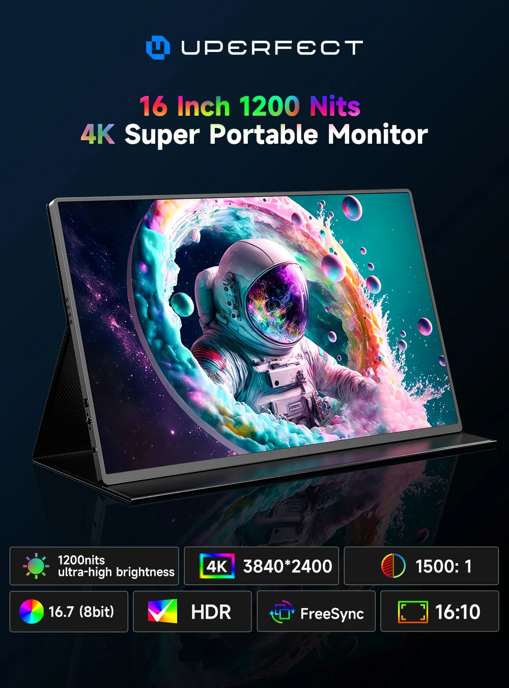 UPERFECT UColor T6 16 Inch 4K Sunlight Readable Monitor HDR Screen 3840x2400 IPS Laptop Extend Screen 1200Nits USB C HDMI 1500:1