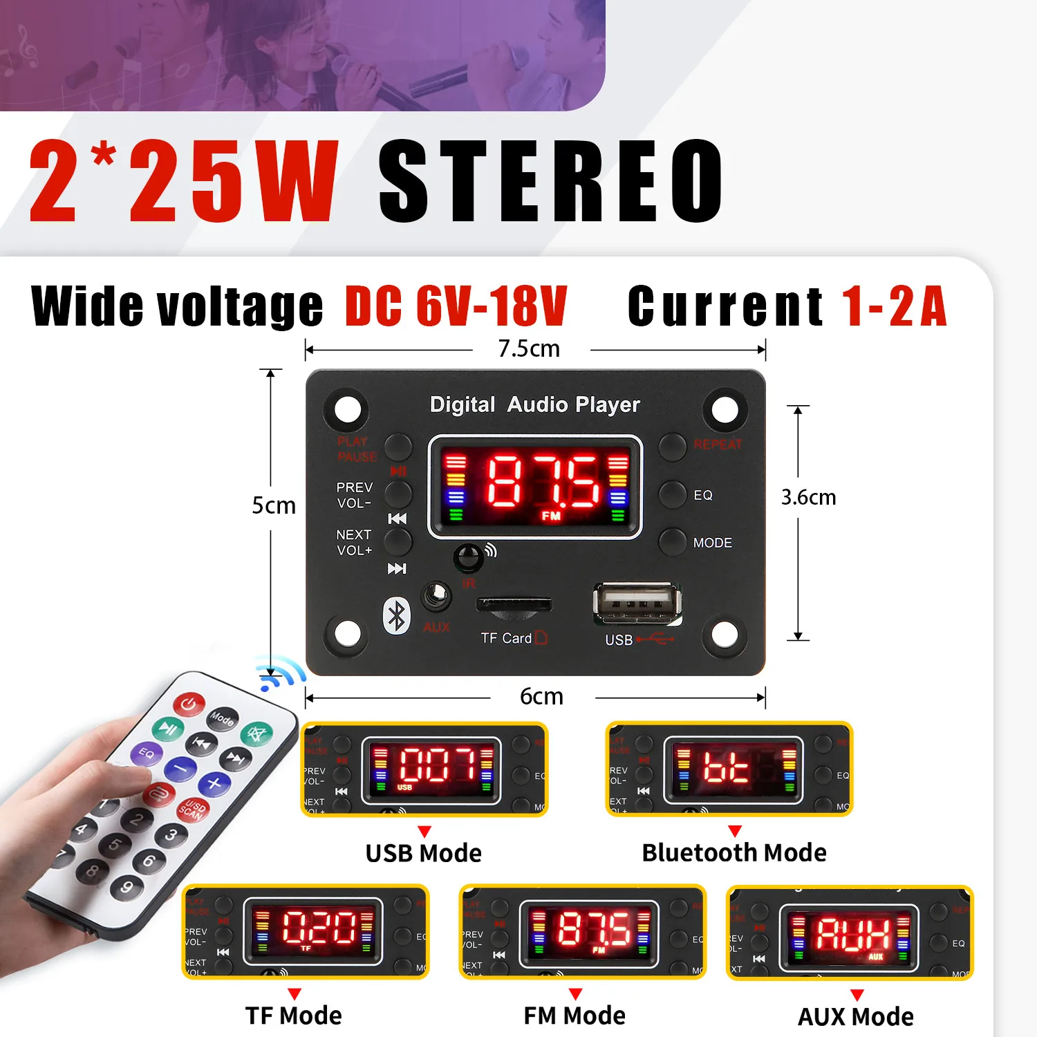 2*25W amplifier  MP3 Player Decoder Board 18V Bluetooth 5.0 50W amplifier Car FM Radio Module Support  TF USB AUX