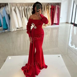 Popular Red Mermaid Women's Evening Dresses Classic Off The Shoulder Long Sleeve Customized Prom Gowns Pleated Vestido De Noche