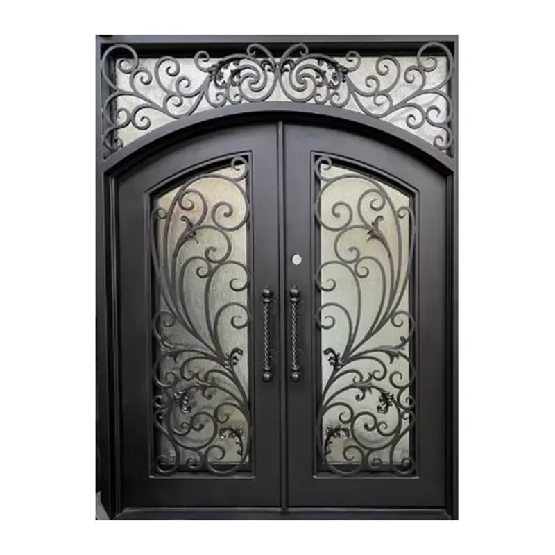 Entry Security Sliding Door Decorative Wrought Iron with Stained Glass for Living Room Steel and Polymer Material