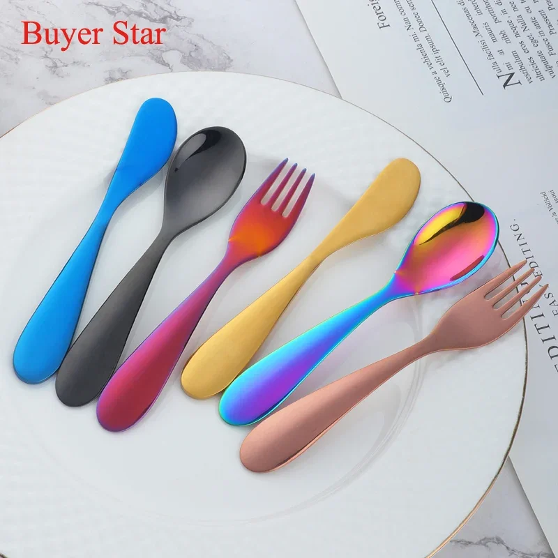 3/12PCS Stainless Steel Children Cutlery Cute Spoon Fork Knife Set Kids Dishes Baby Feeding Safe Training Flatware Tableware Set