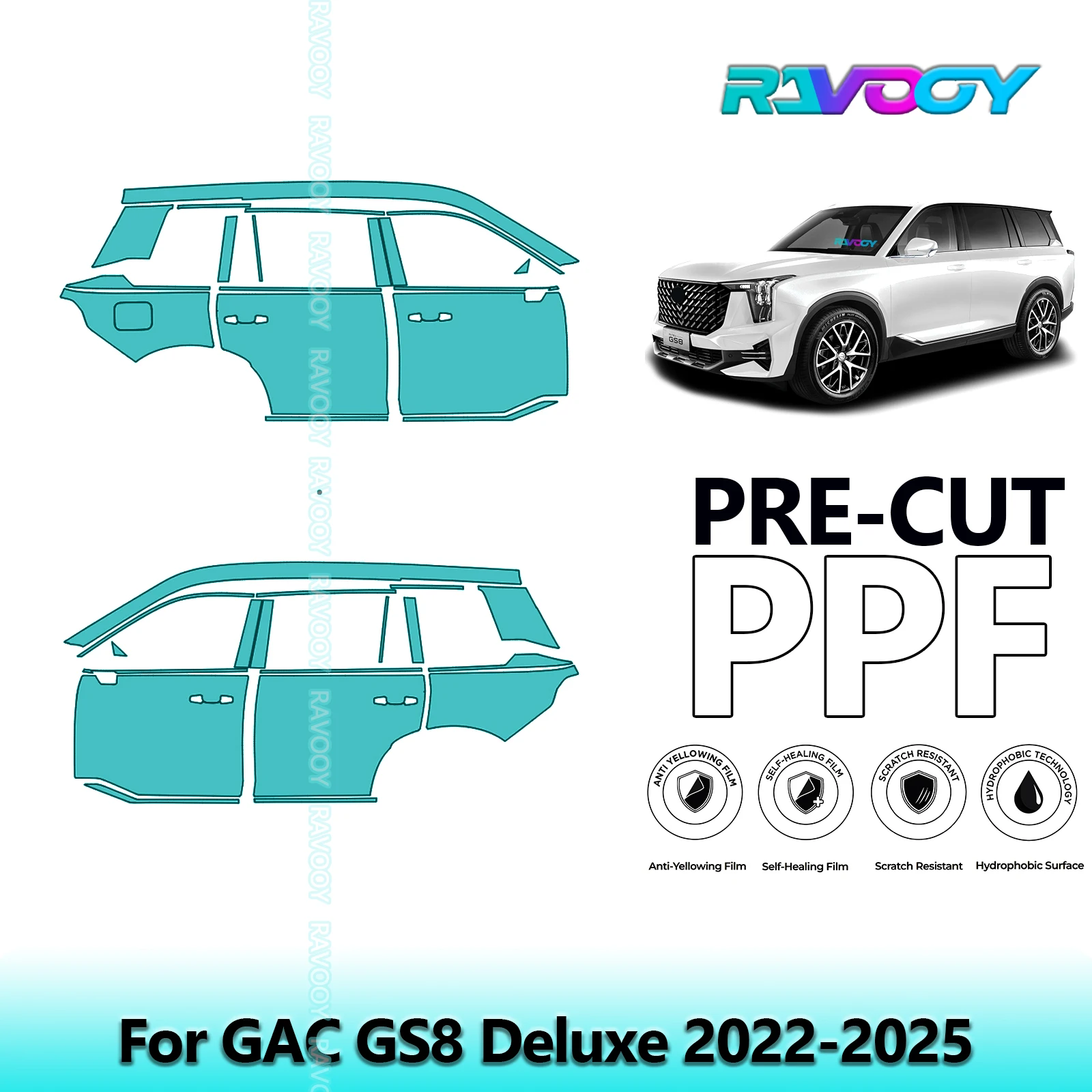 

For GAC GS8 Deluxe 2022-2025 8.5mil Clear Matte Pre-Cut PPF Door & A/B Pillar Kit TPU Paint Protection Film Set