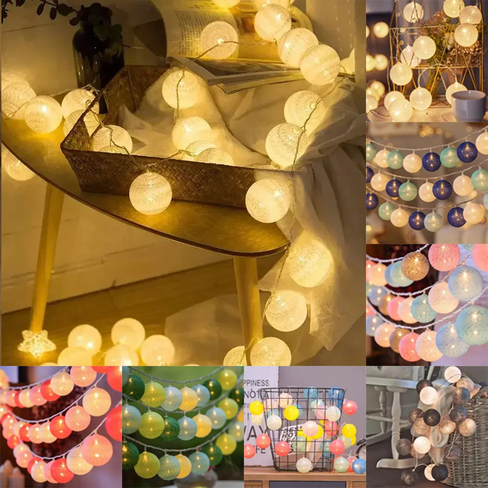 

3cm Battery Colorfull Cotton Balls String Lights Christmas String Holiday Lights for Home Decoration Wedding Fairy Bedroom Decor