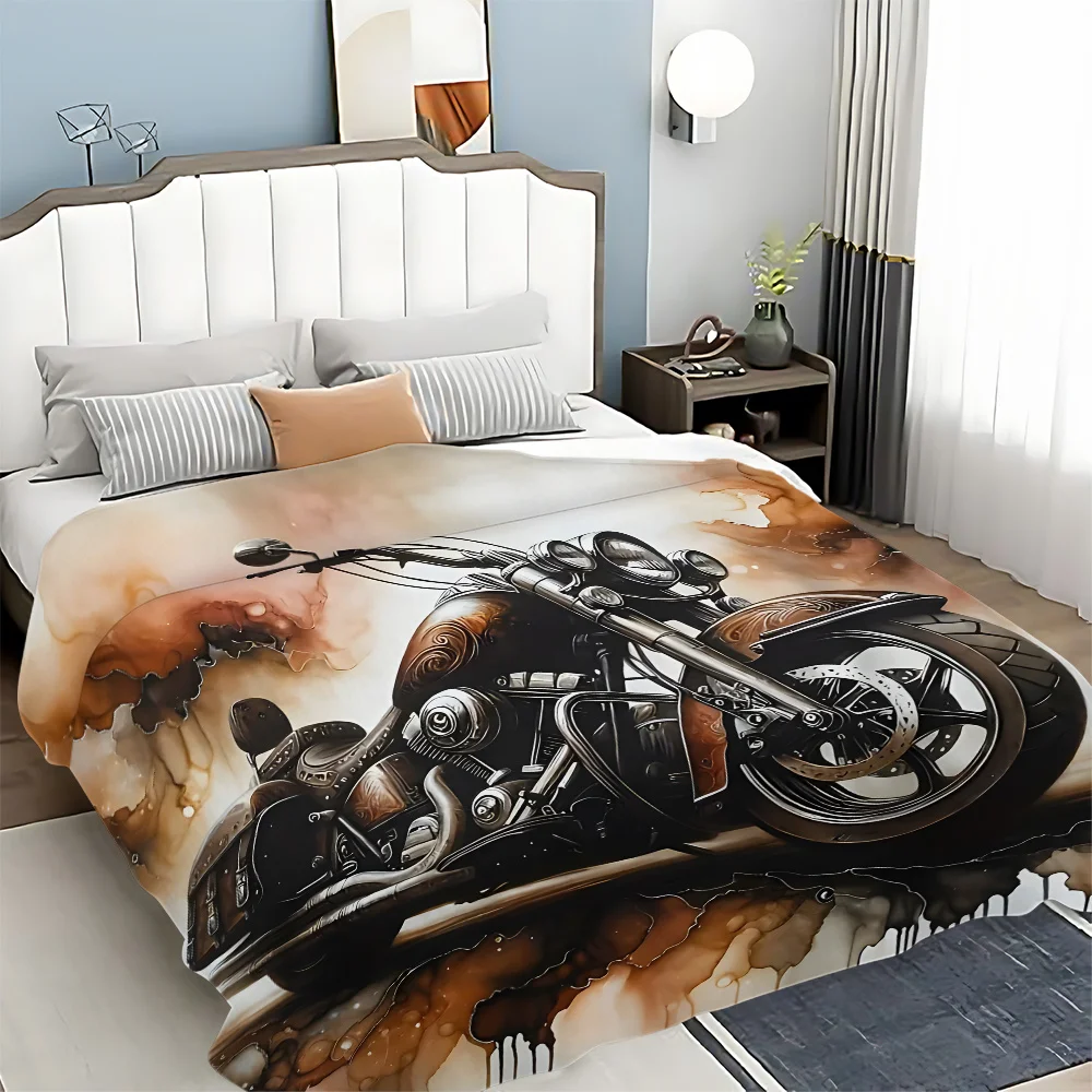 Vintage Motorcycle Art Blanket Throw Bed Spread for Biker Lover Grunge Rocker Home Decor Gift Idea Masculine Bedroom Accent