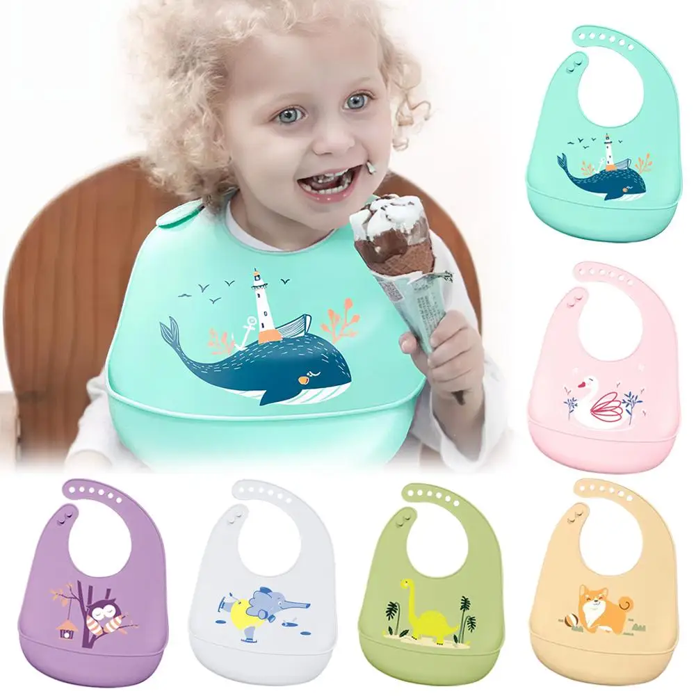 Silicone Bib Baby Feeding Stuff Waterproof Baby Bibs Baby Stuff Cute Solid Printed Kids Bib Girl Boy Adjustable Soft