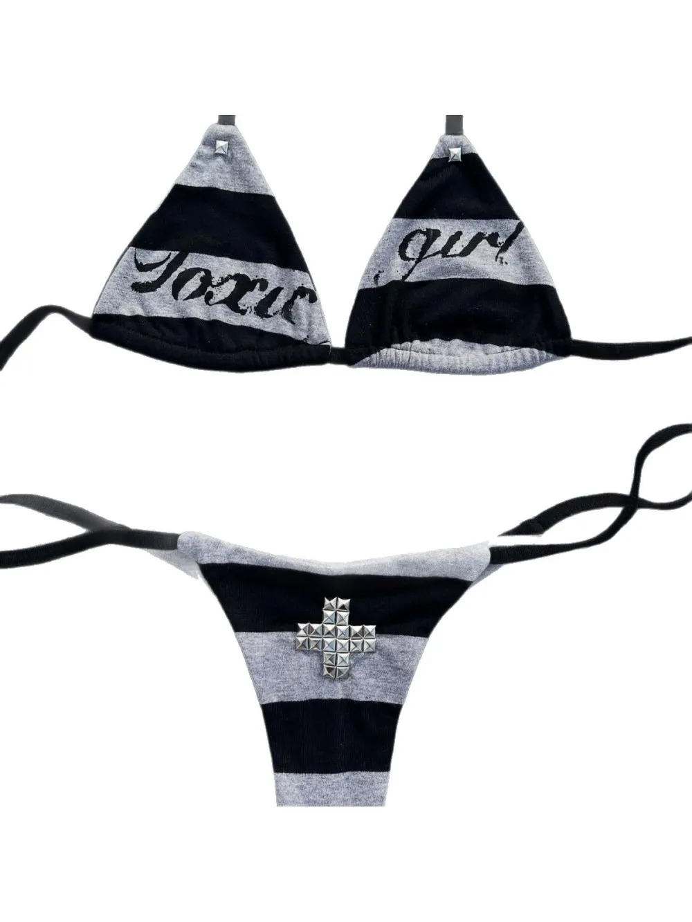 2026 New Summer Punk Street Trendy Striped Rivet Bikini Letter Printed Strap Split Swimsuit Sexy Fashion Personality Beach Y2K - Image 3