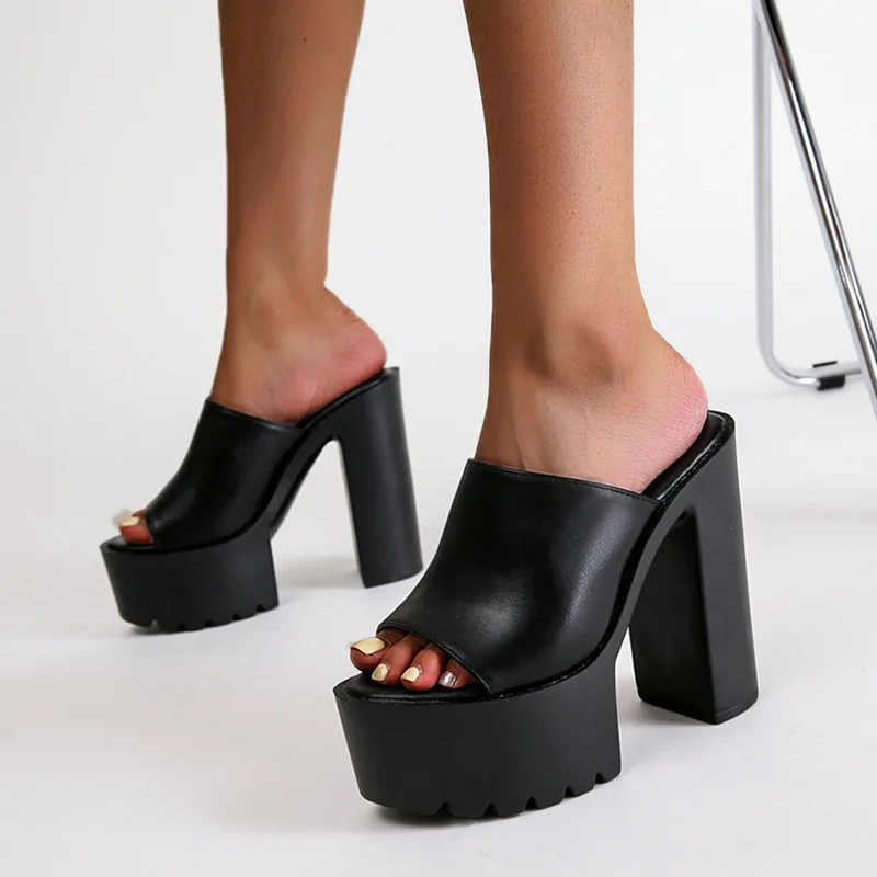 

Супер высокие каблуки с однотонными сандалиями, водонепроницаемая настольная обувь 14 см с открытым носком, модная женская обувь