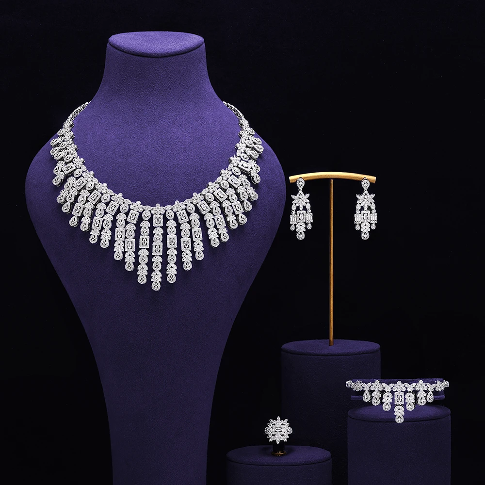 

Модные женские комплекты ожерелья из 4 предметов, белый кубический цирконий, свадебные комплекты ювелирных изделий, Дубай, Саудовская Аравия, аксессуары для вечеринок