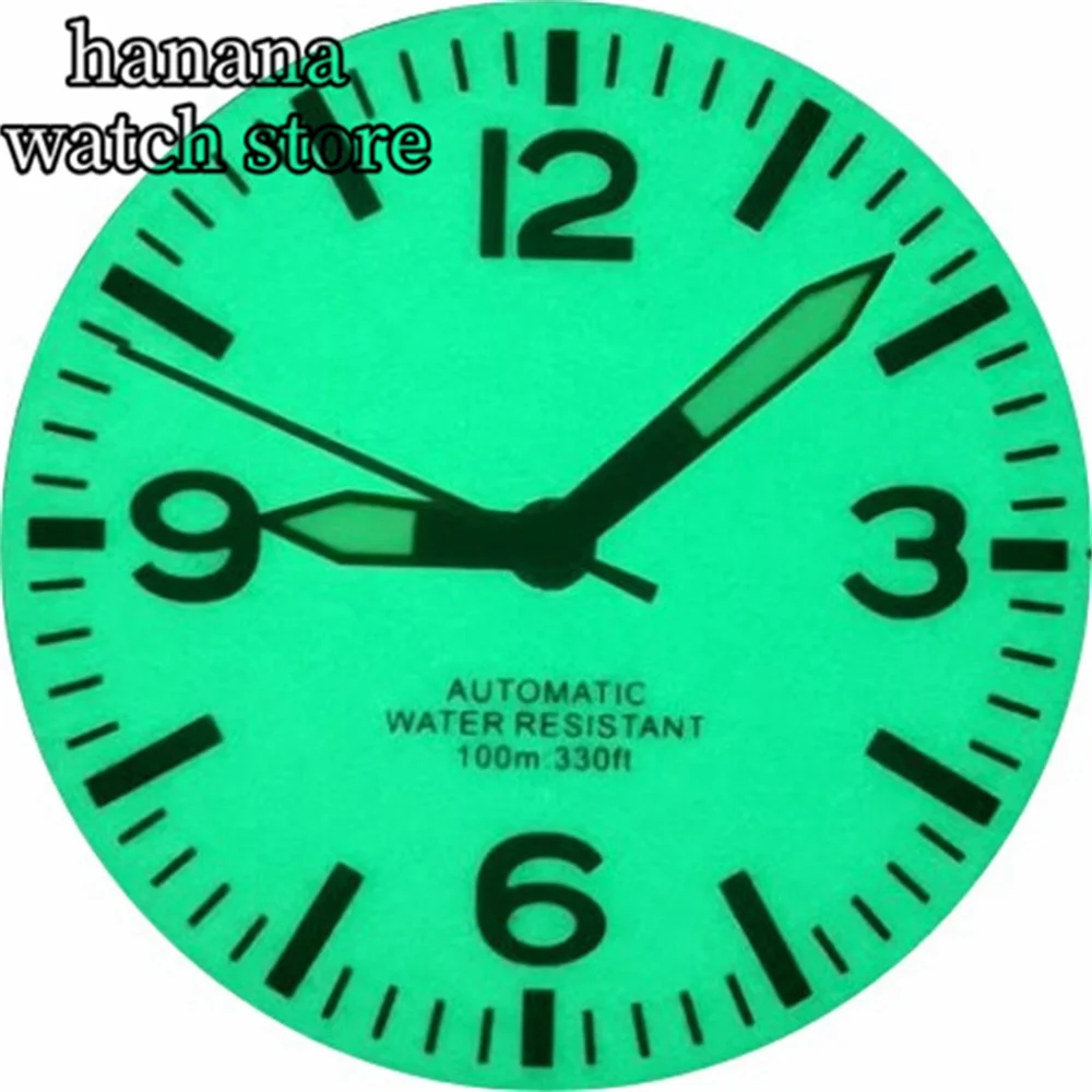 Mostrador branco preto de 29mm com ambas as mãos mostrador luminoso completo para movimento NH35 NH36 verde luminoso