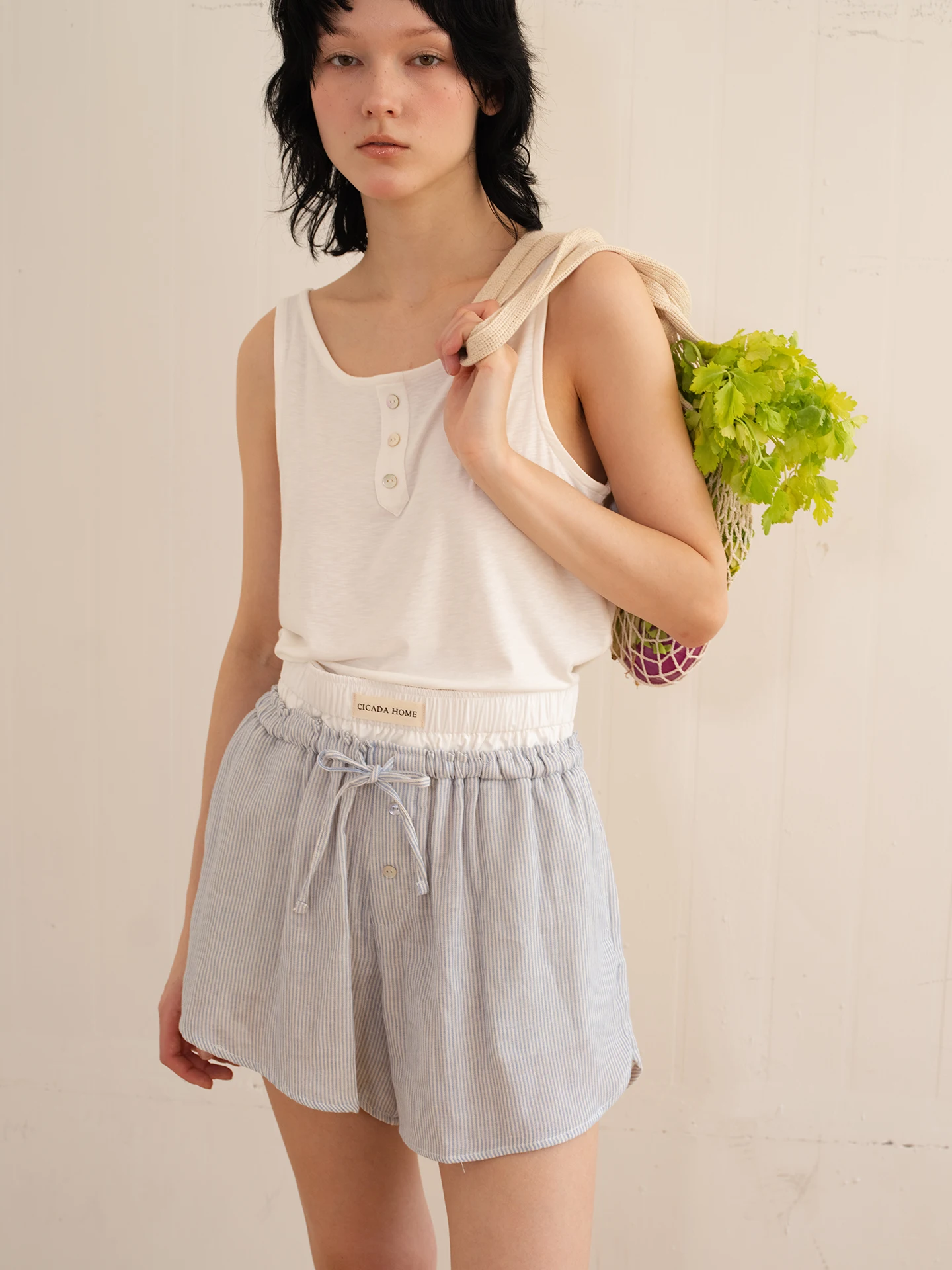 cicadahome-pure-color-home-leisure-striped-sleepwear-comfortable-workwear-vest-short-pants-summer-lightweight-unisex-pajamas