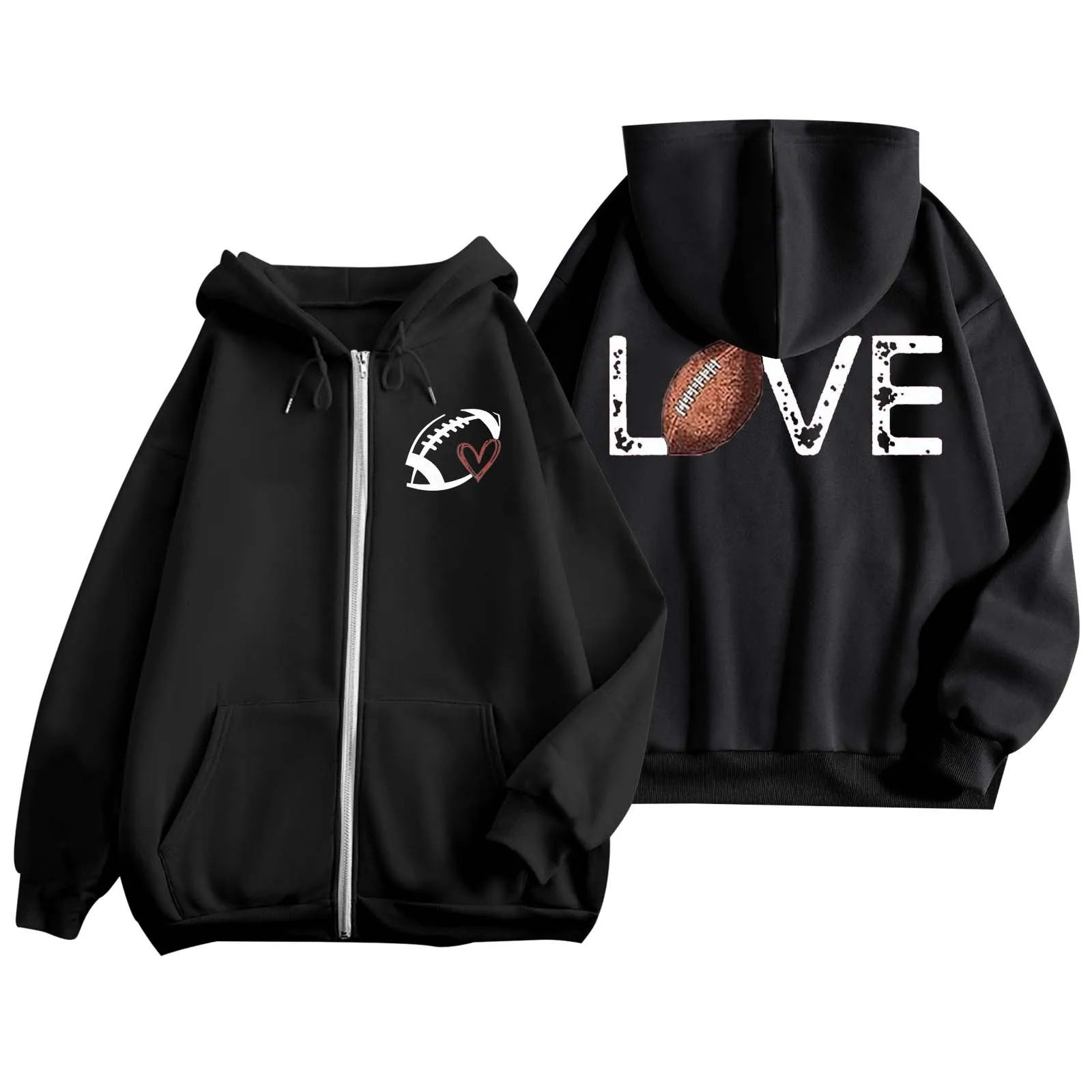 Women'S Fashion Rugby Printed Zipper Long Sleeved Pocket Full Zipper Pullover Women Athletic Pullover With Hood Women Clothes