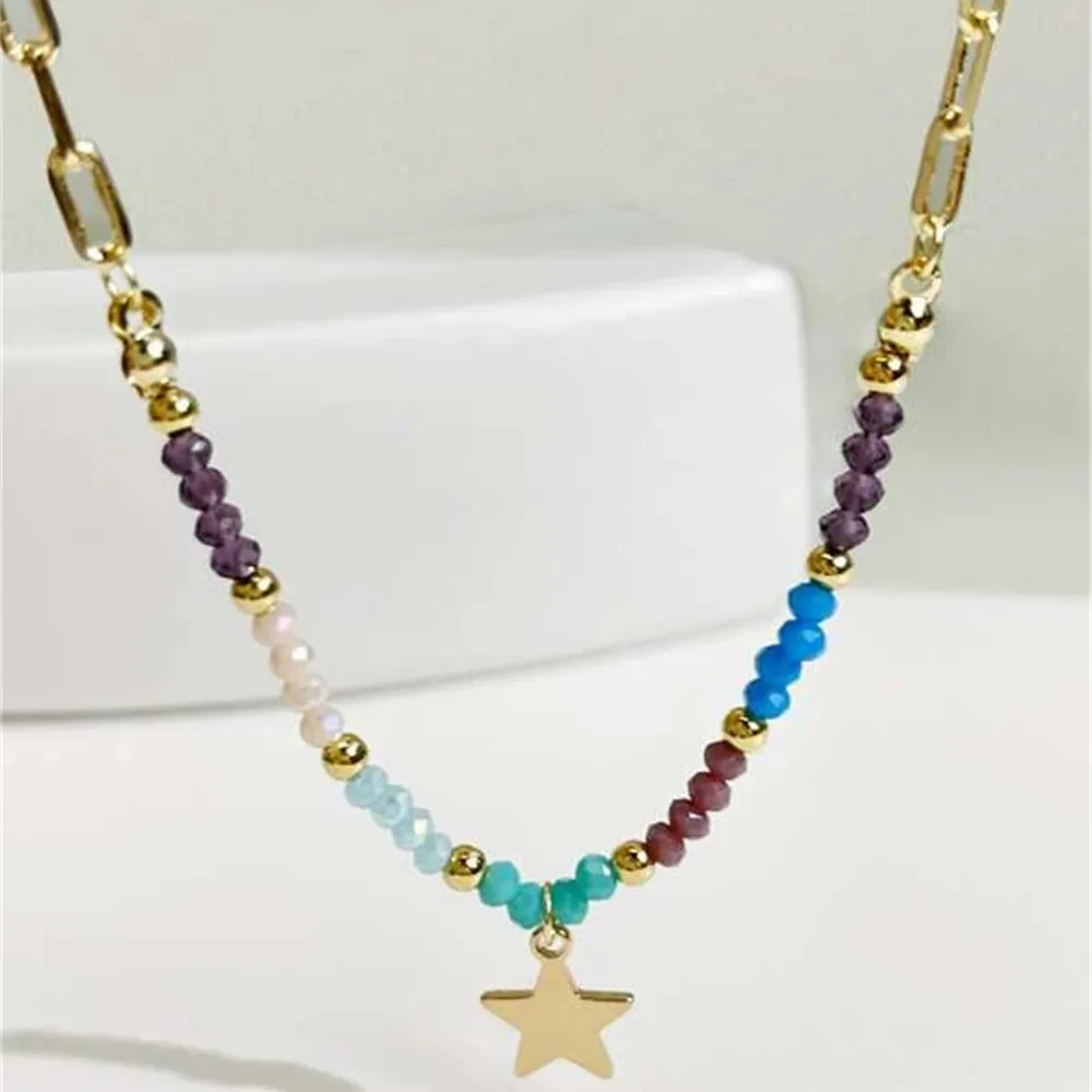 Vintage Fashion Gold-plate Punk Color Bead Chain Star Pendant Necklace For Women Female Boho Choker Jewelry Girl Gift Wholesale