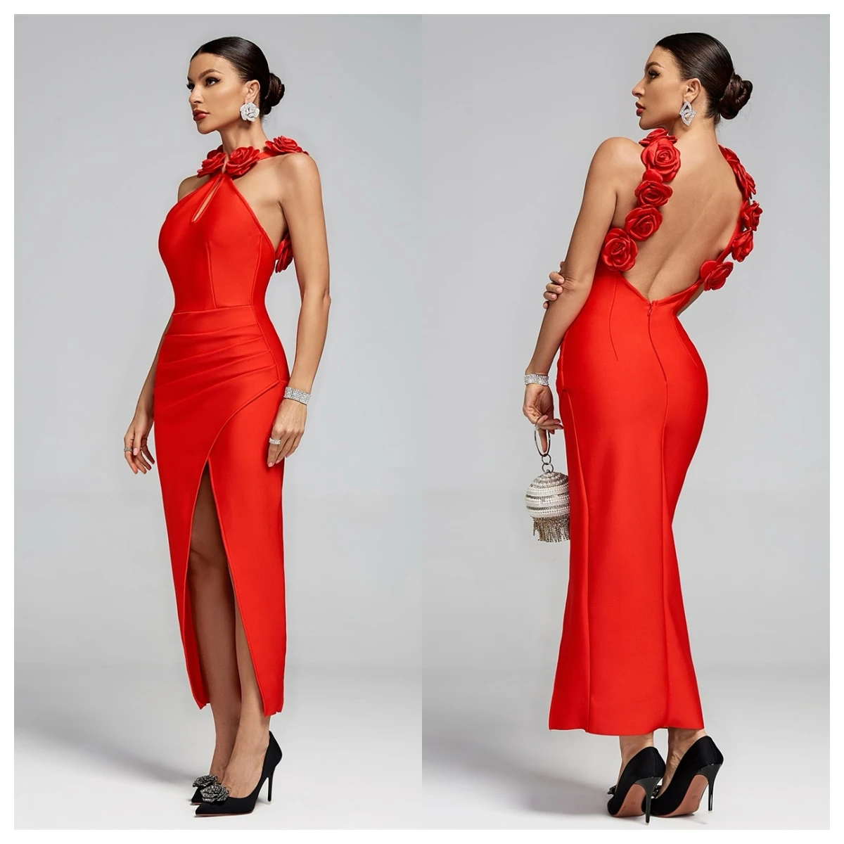 فستان سهرة من الساتان الأحمر الرقيق حسب الطلب برقبة دائرية بدون أكمام للمناسبات الخاصة مفتوح الظهر مزاجه الزهور الناعمة