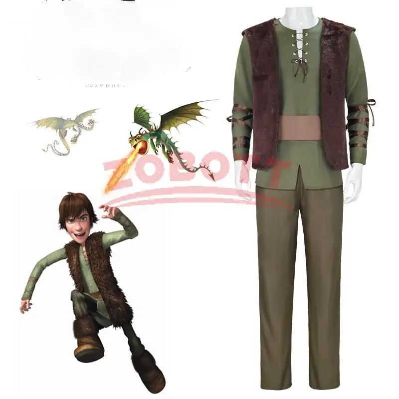 

Anime Dragon Hiccup Cosplay Costume Green T Shirt Pant Brown Vest Set Halloween Fancy Costume for Man