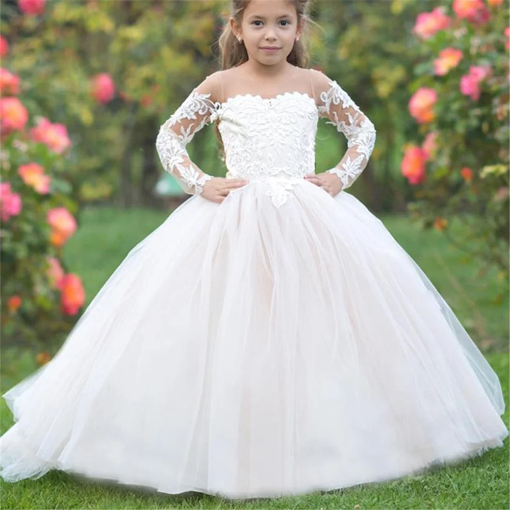 Customized Flower Girl Dress Lace Applique Sheer Long Sleeve First Communion Princess Dressholy For Birthday Wedding Guest Dress