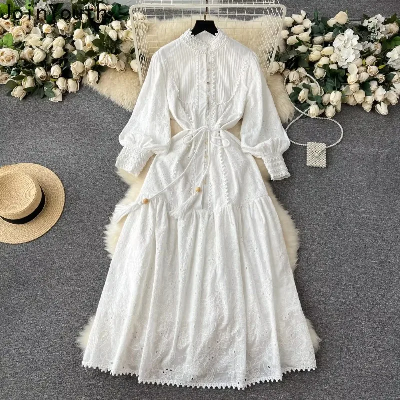 2024 Vestidos De Mujer Tunic Stand Collar Lantern Sleeve Dresses Sweet Heavy Embroidery Crochet Hollow Out Vintage Dress Women