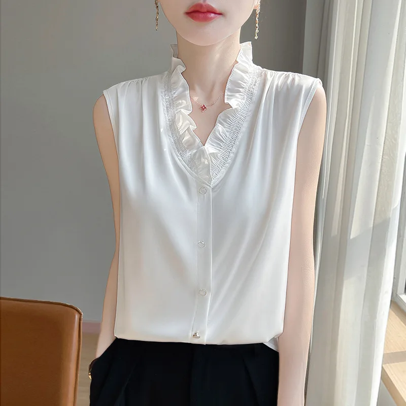

Fashion 2026 Summer Women Casual Blouse V-neck Sleeveless Ruffles Office Shirts Blouse White Black Women’s Tops
