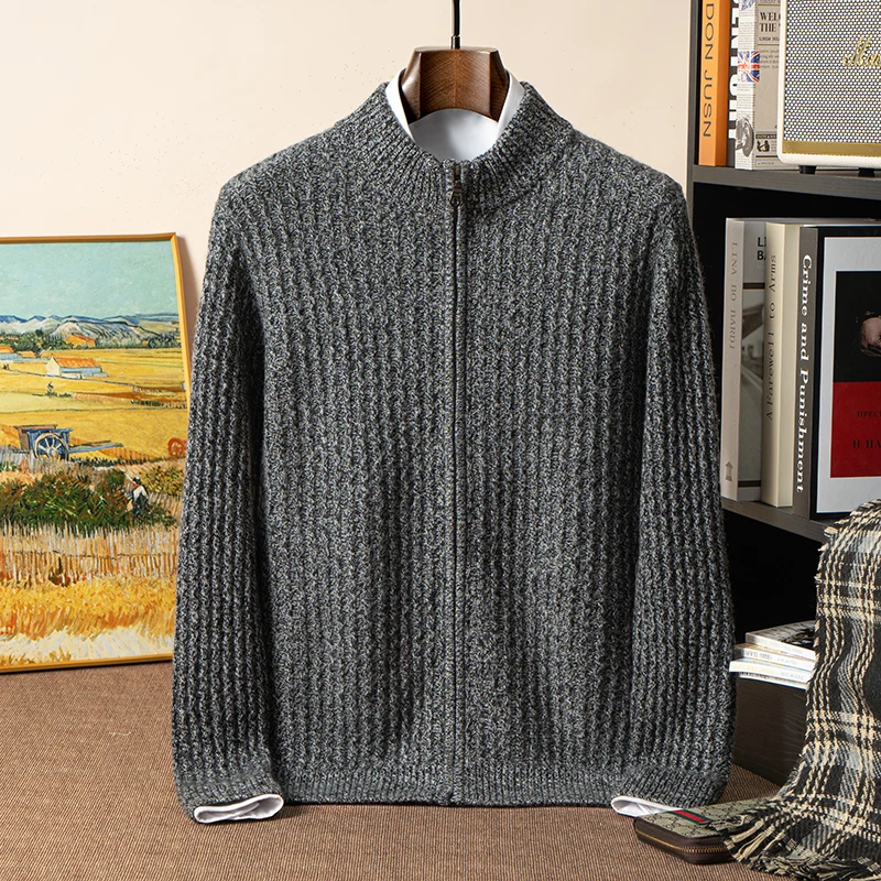 Men's Half Turtleneck Knitted 100% Cashmere Sweater Coat Business Casual Seven-Needle Double-Ply Thickened Floral Yarn Cardigan