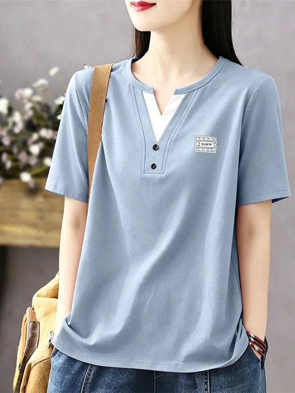 Loose V-Neck Short Sleeve T-Shirt Women's Fashion Color Block Cotton Summer Clothes for plus Size Slimming Versatile Loose Ag...
