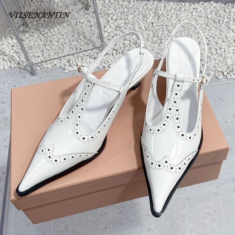 

Retro Style Carving Hollow High Heel Shoes Women Pumps Pointed Toe Kitten Heel Slingback Sandal Females Buckle Strap Dress Shoes