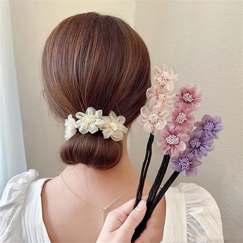 Elegant Fashion Yarn Flower Hairpin Bun Maker Twist Headband Lazy Hair Accessories Women Meatball Head Hair Curler Hair Stick