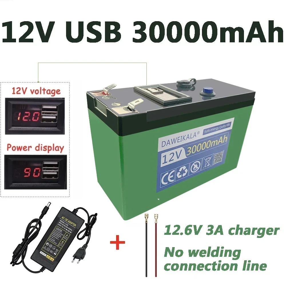 12V lithium Battery 30Ah 18650 Rechargeable battery pack for solar energy electric vehicle LED lights battery 12.6v 3A charger