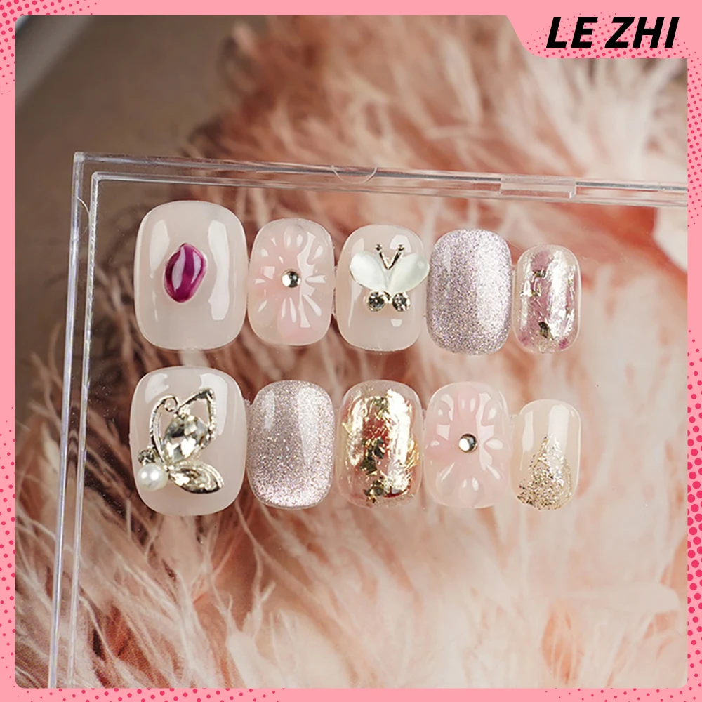 10 Pieces Cartoon Cute Handmade Press On Nails Hand-Painted Flowers Rabbits Cat Eyes Gild Detachable Full Cover Fake Nail Tips