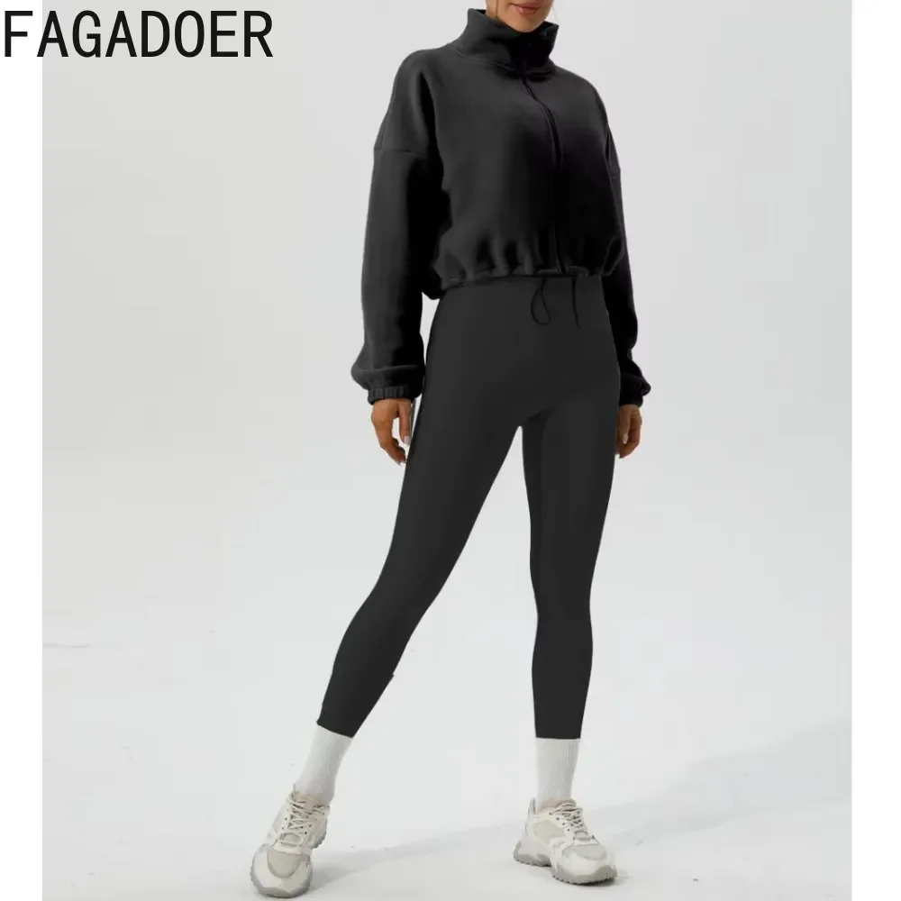 FAGADOER High Quality Women Sporty Outfits Autumn Winter Fleece Fur Zipper Crop Top And Leggings Pants Two Piece Sets Tracksuits