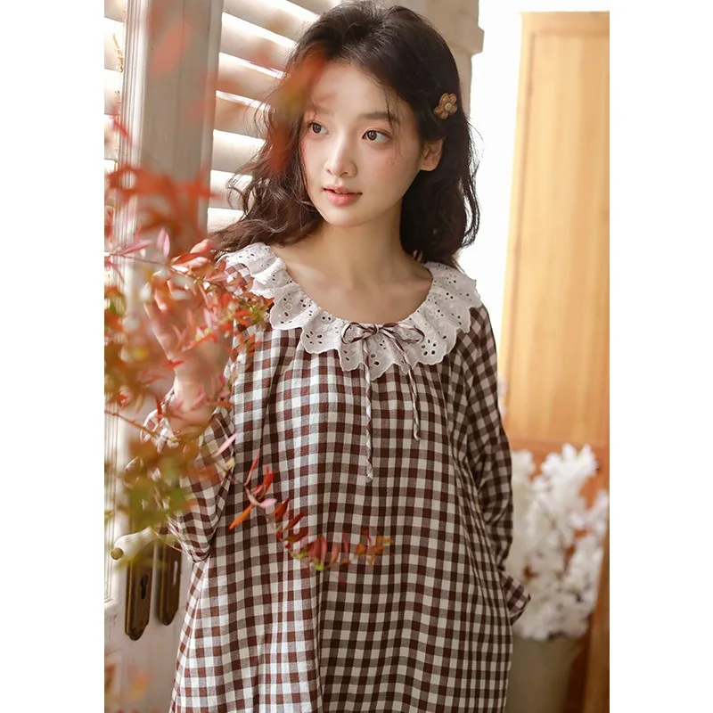 Women's Sweet Double-Layer Cotton Yarn Plaid Pullover Perfect for Spring Autumn Loungewear Nightgown