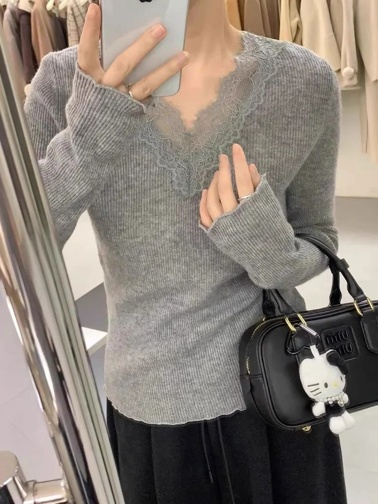 Slim fit renda retalhos malhas macio e confortável feminino faion inverno novo sle v-ne longo sve cor versão coreana
