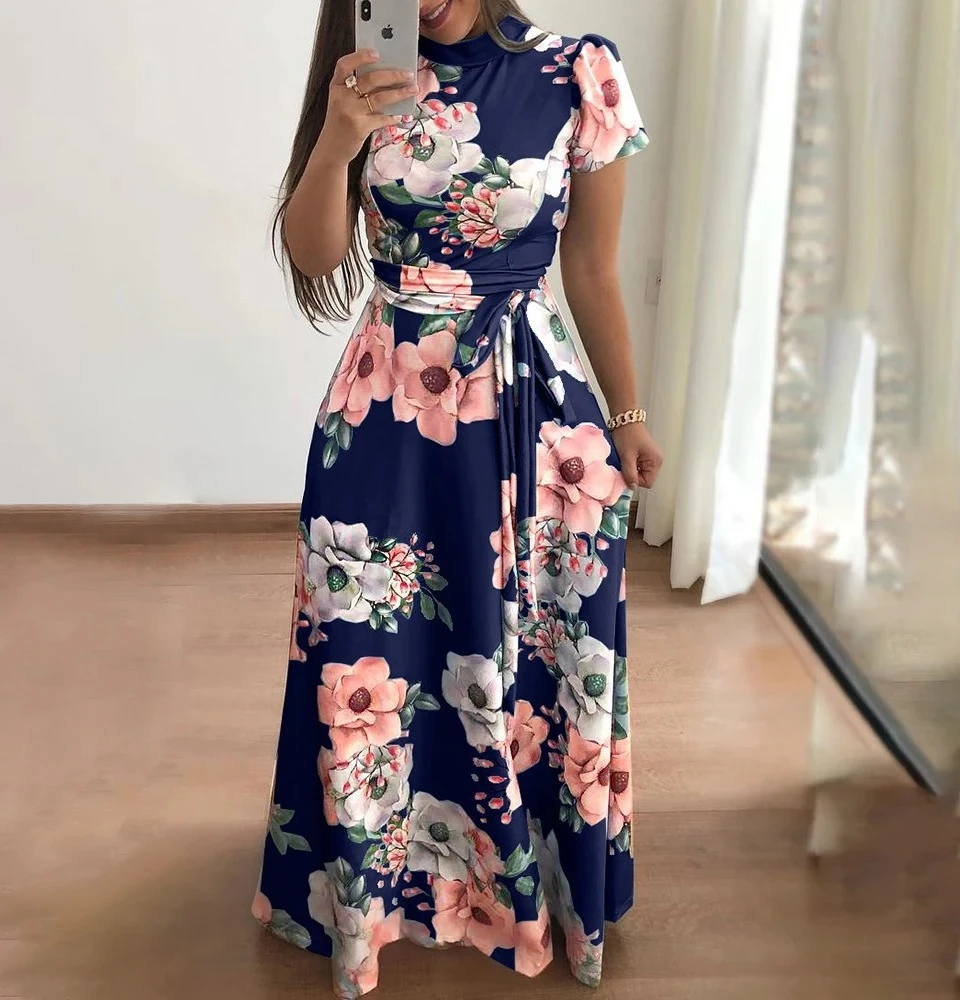 여성용 플로럴 프린트 여름 드레스 새로운 보헤미안 A라인 스윙 드레스 짧은 소매 하이웨이스트 플로우 맥시 드레스 비치용