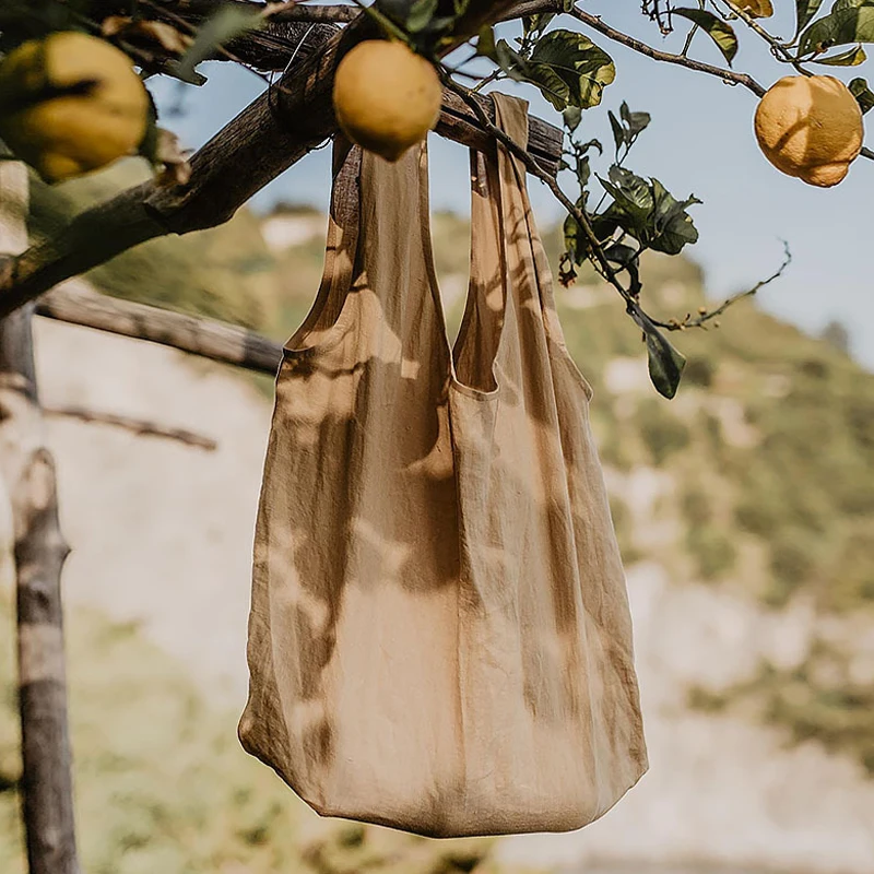 Bolsa de algodão e linho, bolsa de ombro simples de lona, sacola de compras portátil, grande capacidade, proteção ambiental, armazenamento