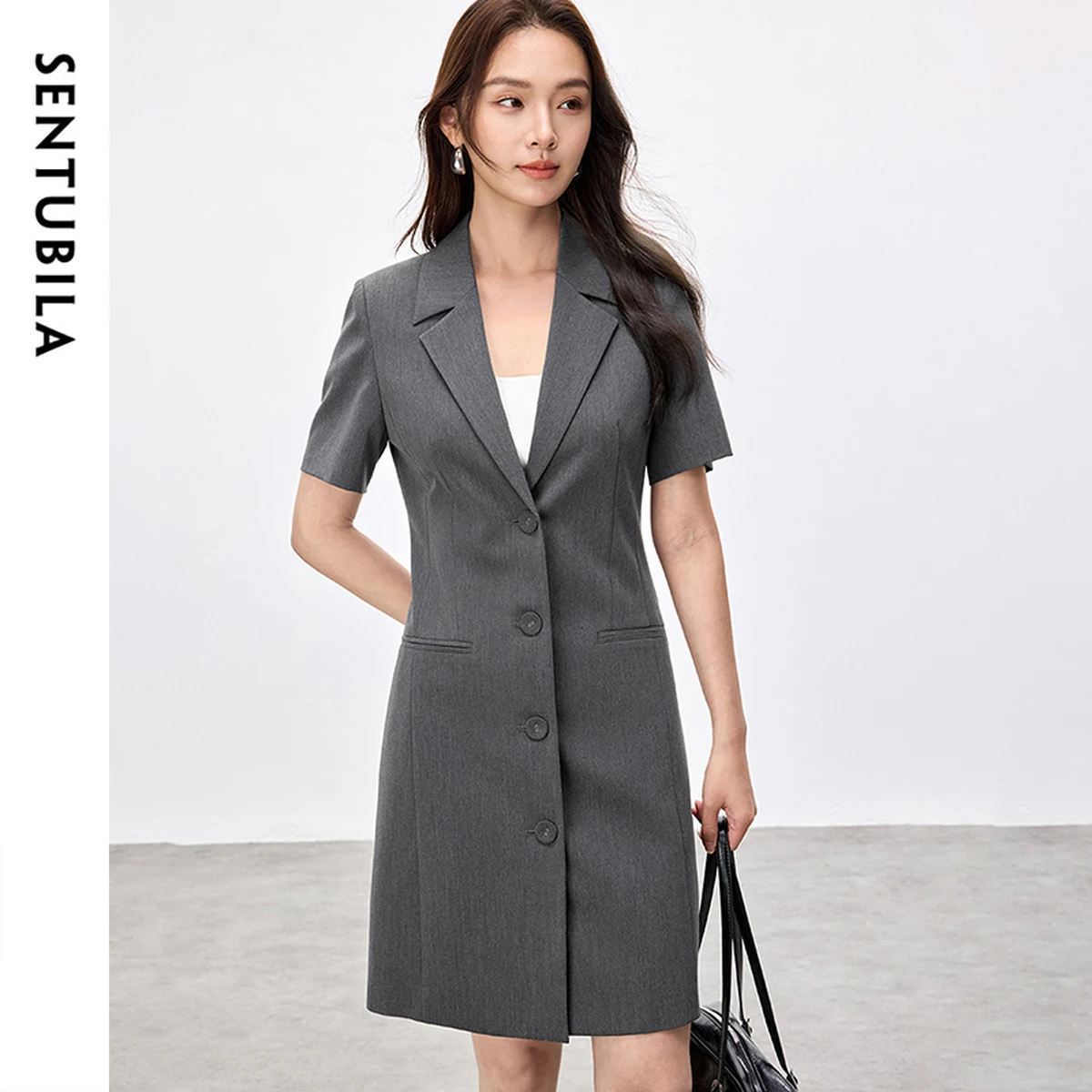 SENTUBILA ชุดเดรสแขนสั้นสตรี 2025 ฤดูร้อนคอปกกระดุมแถวเดียวชุดเดรสทางการสำหรับสุภาพสตรีทำงาน ชุดเดรสสั้น 152L87878