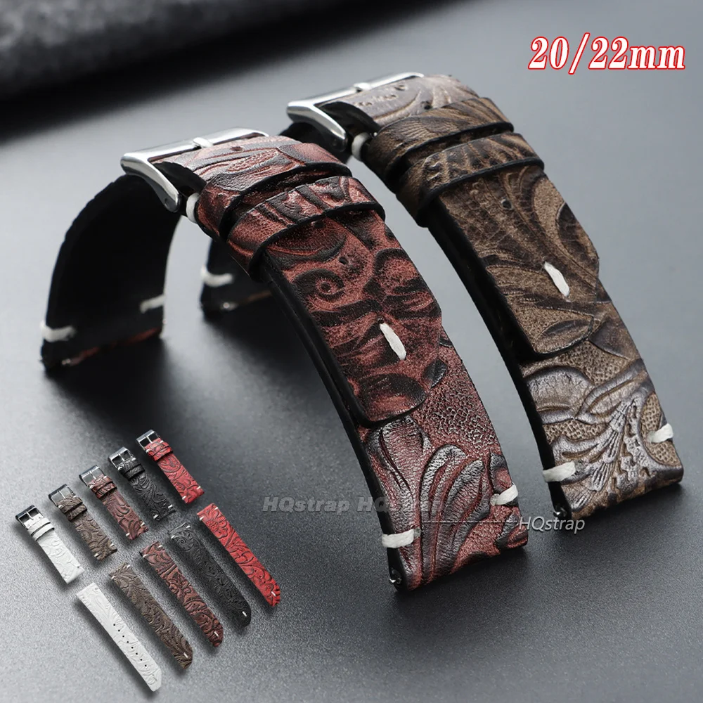 Image of Vintage Bedrucktes Rindsleder-Uhrenarmband 20mm 22mm Universelles Ersatz-Armband Smartwatch Lederband Business-Handgelenksband