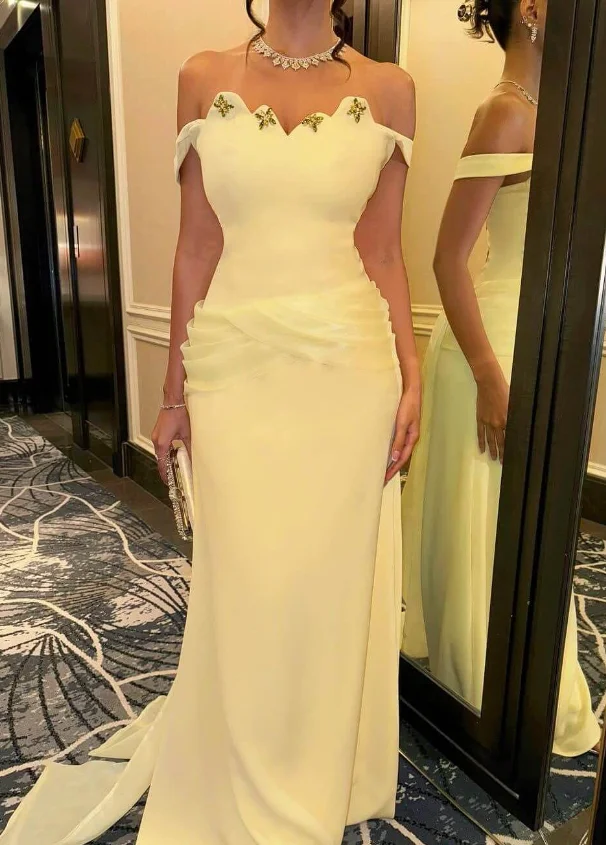 Alta calidad personalizada hasta el suelo amarillo con cuentas fuera del hombro plisado Vestidos Para Bodas Mujer Invitada فسات przadusات naga