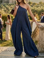 Yeezzi 2026 New Women Fashion High Street Imitation Denim Wide Leg Jumpsuits Summer One Shoulder High Waisted Casual Romper - Image 3