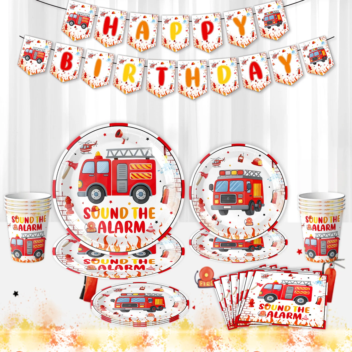 Fire Truck Birthday Party Set, Firefighter Tableware Set Paper Plates Cups Napkins Banner for Boys Fire Engine Birthday Decor
