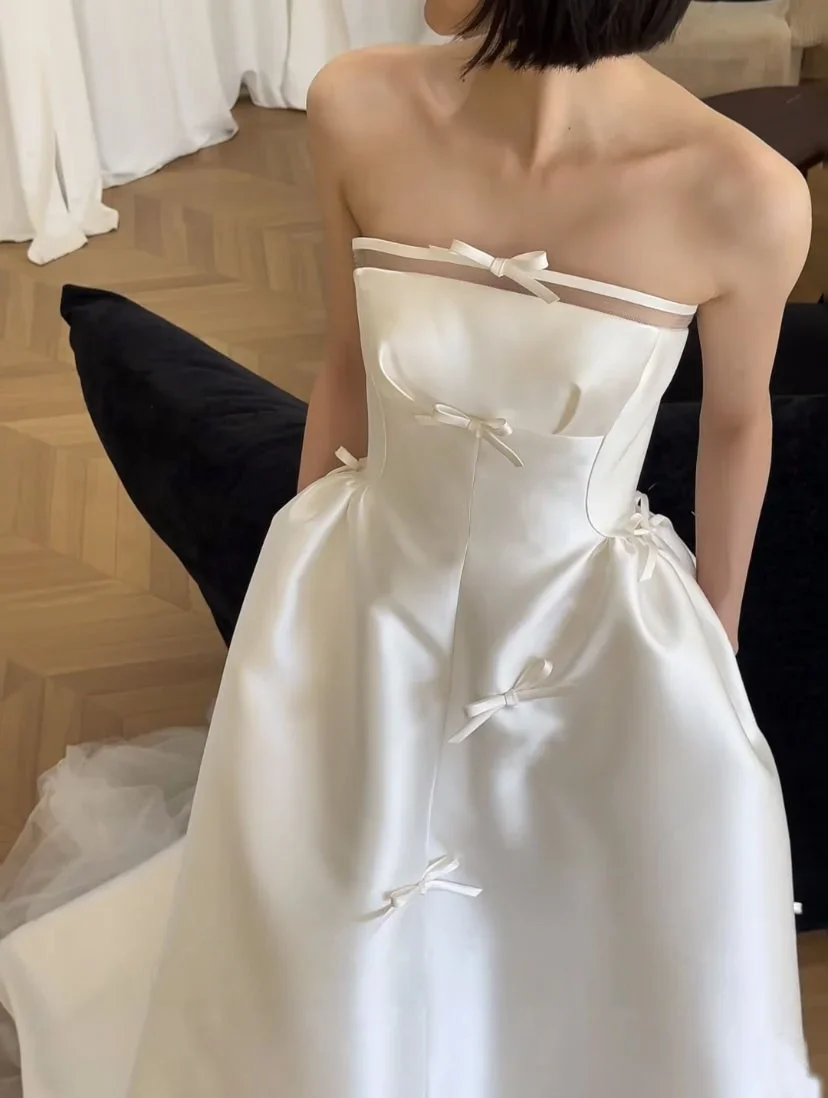 Eleganckie suknie ślubne koreańskie bez ramiączek Sondr, z kokardą, z jedwabnej satyny, gorsetowe, szyte na miarę suknie wieczorowe na przyjęcie.