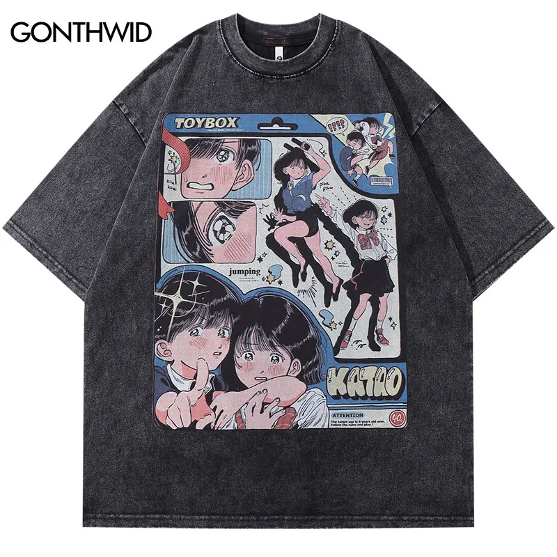 Vintage T-Shirt Harajuku Retro Japanese Style Comics Cartoon Graphic Print Washed Tshirt 2024 Hip Hop Men Cotton Loose Tops Tee