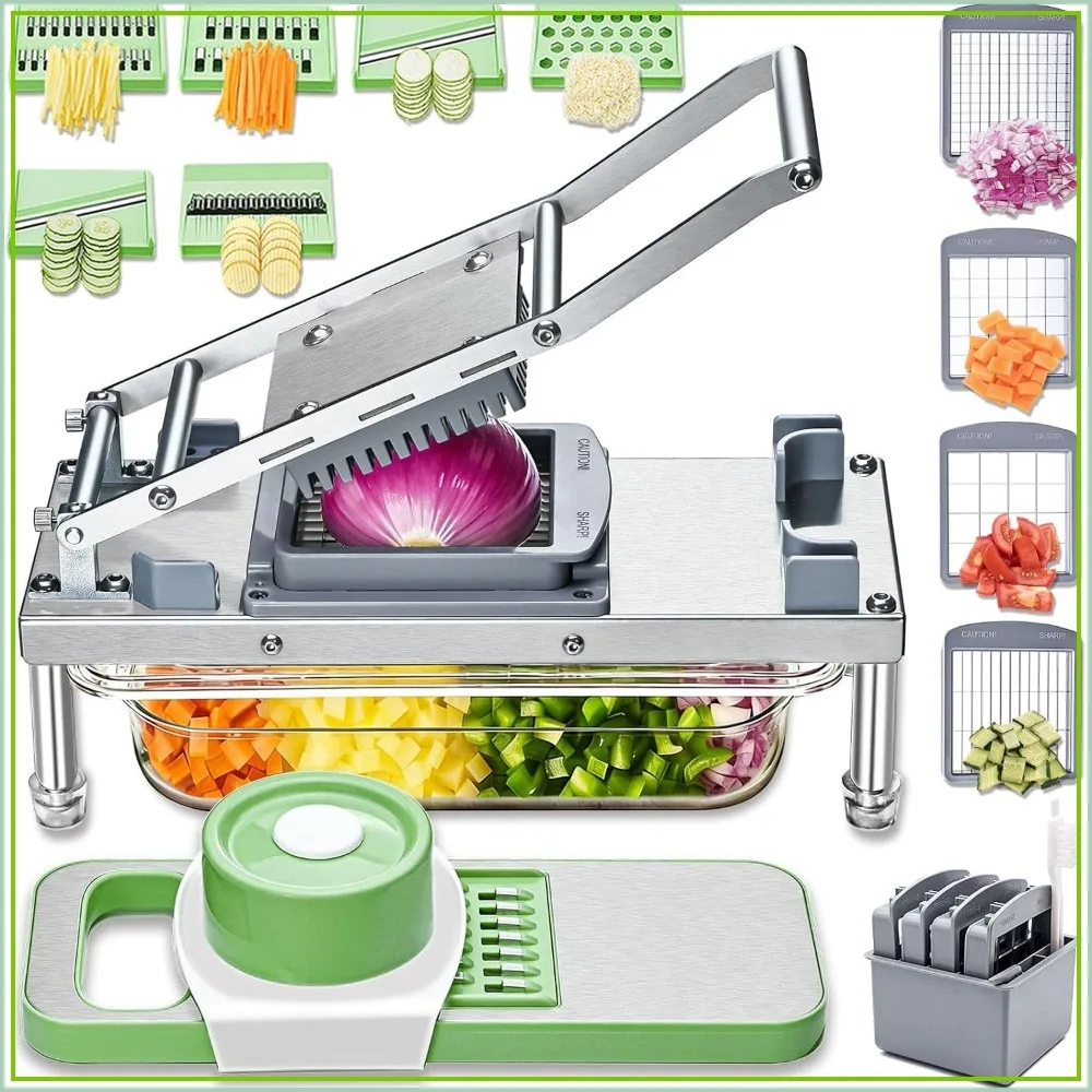 Picador de Verduras de Acero Inoxidable con 10 Cuchillas - Rebanador Mandolina, Picador de Alimentos con Recipiente, Picador de Verduras y Cebollas, Cortador de Patatas, Cortador de Tomates, Rallador de Queso