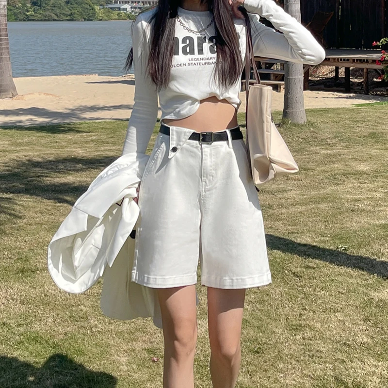 الصيف تمتد النساء الركبة الجينز واسعة السراويل حزام عالية الخصر فضفاض الشارع الشهير Y2K قصيرة الدنيم السراويل القهوة السوداء الإناث #4